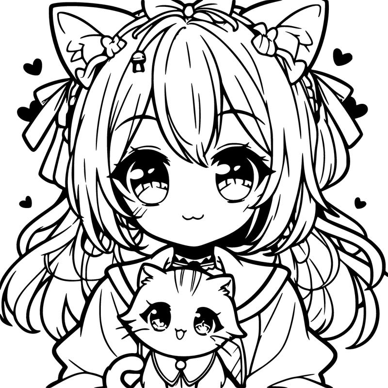 cute anime girl with small kitten