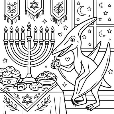 Get ready for a unique Hanukkah celebration with this delightful coloring page featuring a friendly Nyctosaurus. Adorned with menorahs, dreidels, and sweet sufganiyot, it's perfect for adding your creative flair to the Festival of Lights.