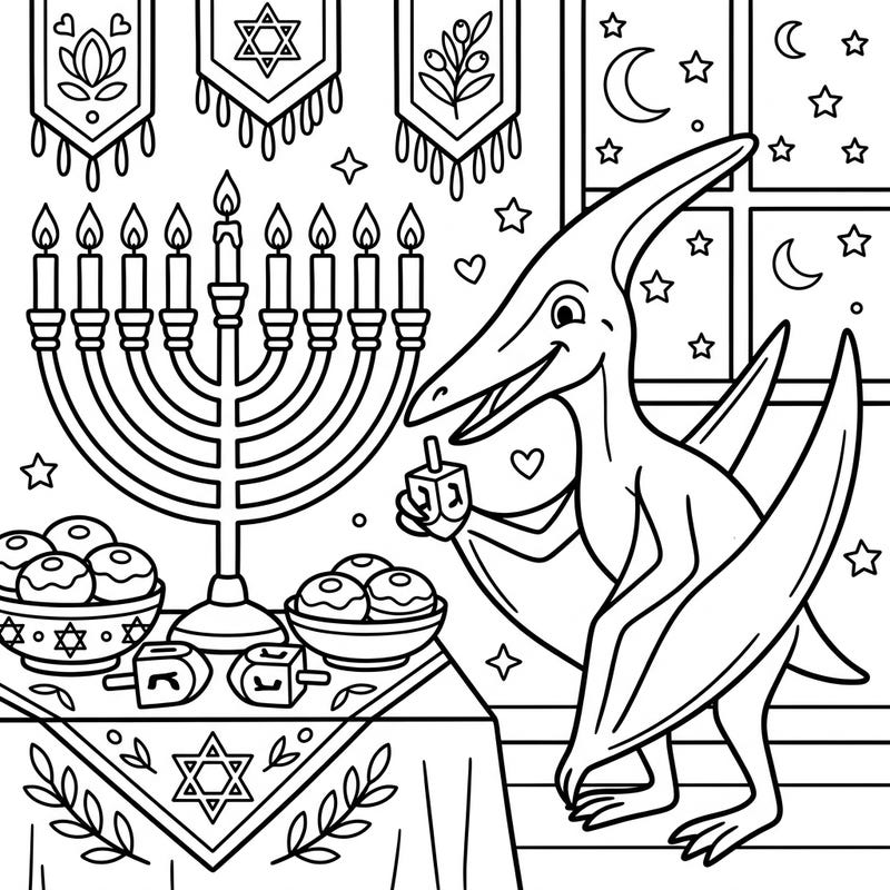 Get ready for a unique Hanukkah celebration with this delightful coloring page featuring a friendly Nyctosaurus. Adorned with menorahs, dreidels, and sweet sufganiyot, it's perfect for adding your creative flair to the Festival of Lights.