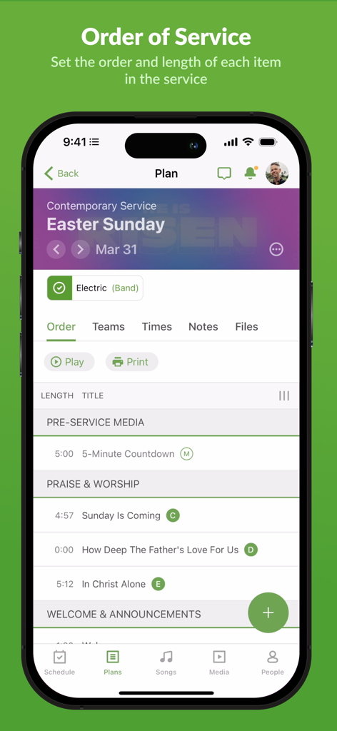A smartphone screen showing the Planning Center Services app with a worship service plan and song list.