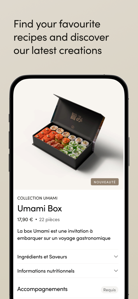 Sushi Shop, livraison de repas - Interface de l'application Sushi Shop présentant une boîte de sushis haut de gamme appelée Umami Box.