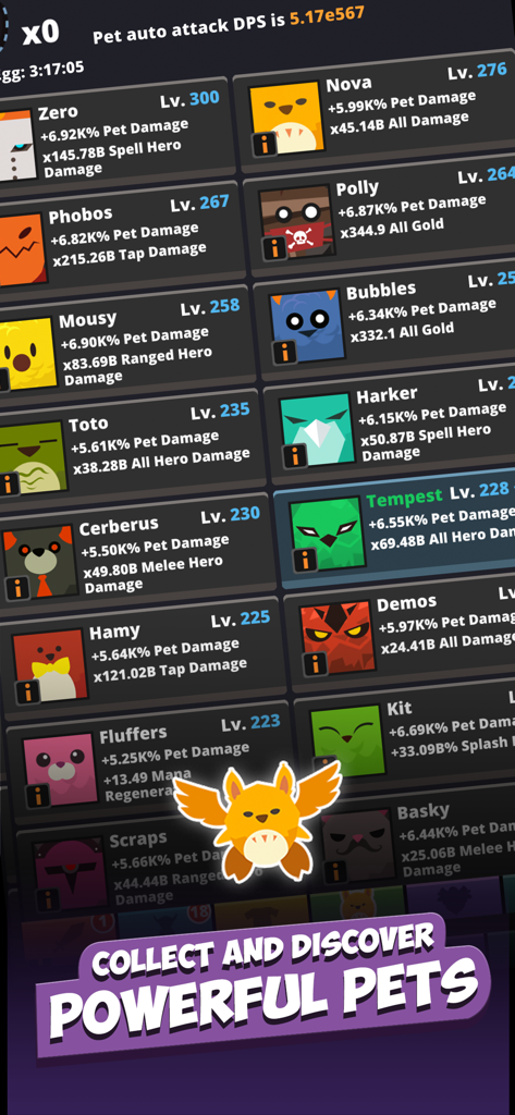 Tap Titans 2 mobile game screen showing a list of pets with levels and damage statistics