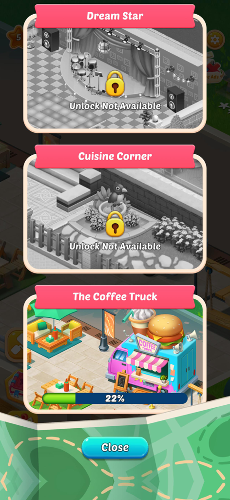 Merge Flavor: Decor Restaurant - Game menu showing restaurant area progress for The Coffee Truck and locked locations like Dream Star and Cuisine Corner.