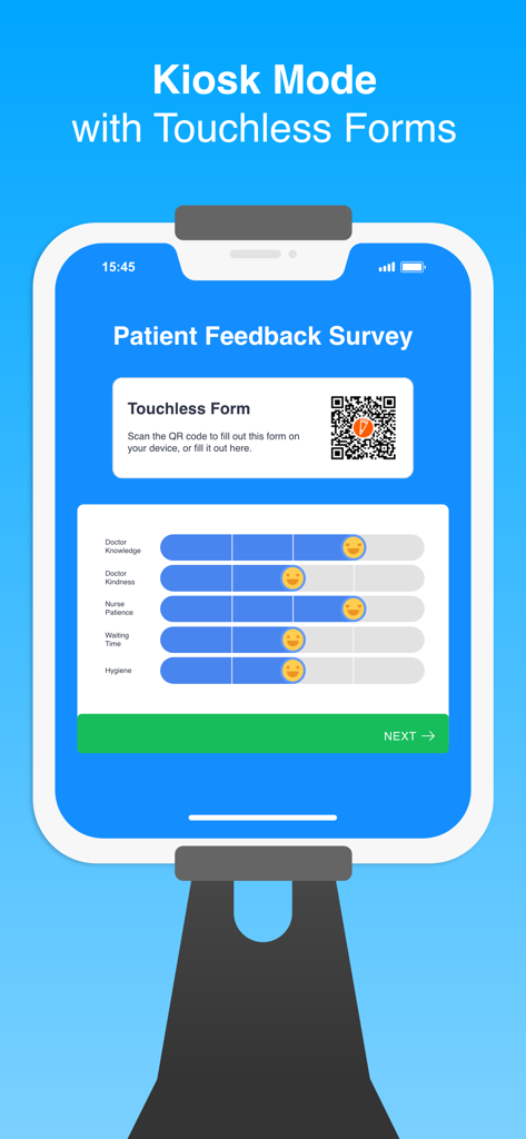 Jotform Health - Medical Forms - A tablet in a stand displaying a patient feedback survey and a touchless QR code form in kiosk mode