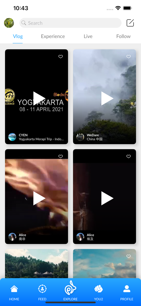 YOU2 - Eine Reihe von Reise-Vlog-Videovorschaubildern im Explore-Feed der YOU2-App mit internationalen Reisezielen.