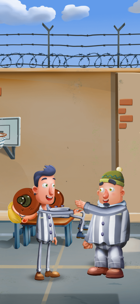 Word Fables - Prison Break - Dos reclusos de dibujos animados con uniformes de rayas en un patio de prisión con una canasta de baloncesto