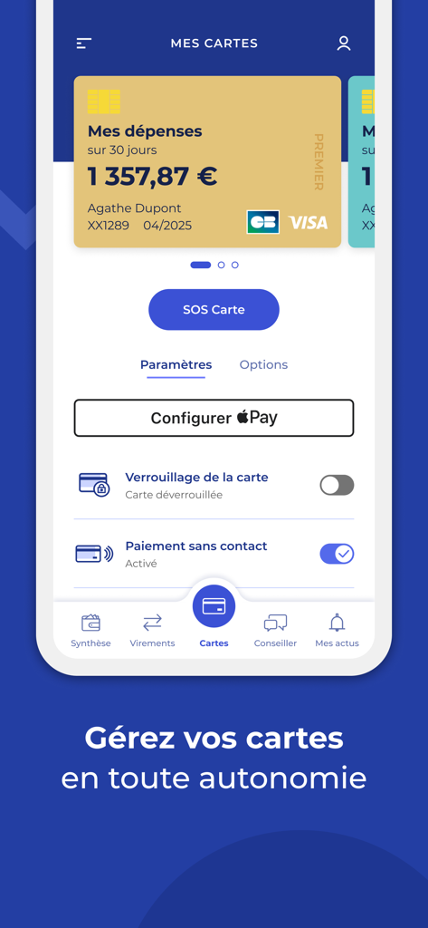 Mes Comptes - LCL - Interface de l'application bancaire LCL montrant le bouton d'activation/désactivation du verrouillage de carte dans les paramètres de la carte de crédit et la configuration Apple Pay.