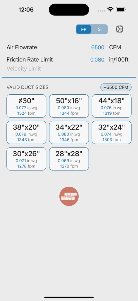 Interface of the Ductulator app showing a list of valid rectangular and circular duct sizes based on air flowrate and friction rate.