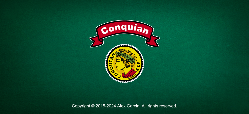 Title screen of the Conquian 333 card game featuring its logo with a red banner and a woman profile on a green background