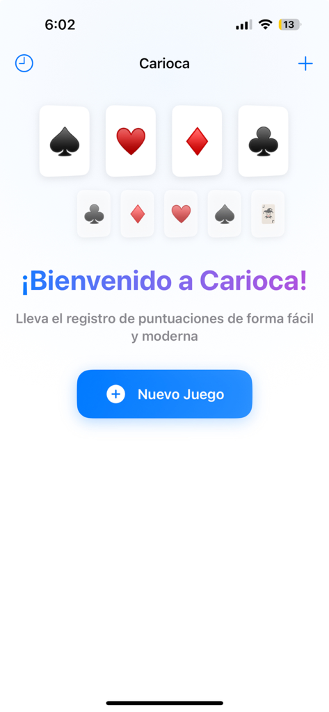 Carioca (Score) - Pantalla de bienvenida de la aplicación de seguimiento de puntuaciones del juego de cartas Carioca con un botón para iniciar un nuevo juego