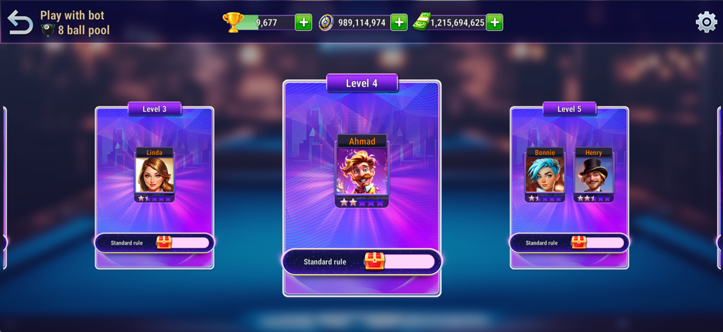 Pool Club: 8 Ball Billiards - Pantalla de selección de nivel en Pool Club 8 Ball Billiards para jugar contra oponentes de ordenador.