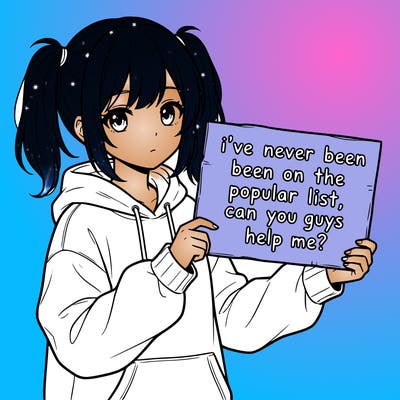 a cute anime girl with a sign saying  i’ve never been on the popular list, can you guys help me?
