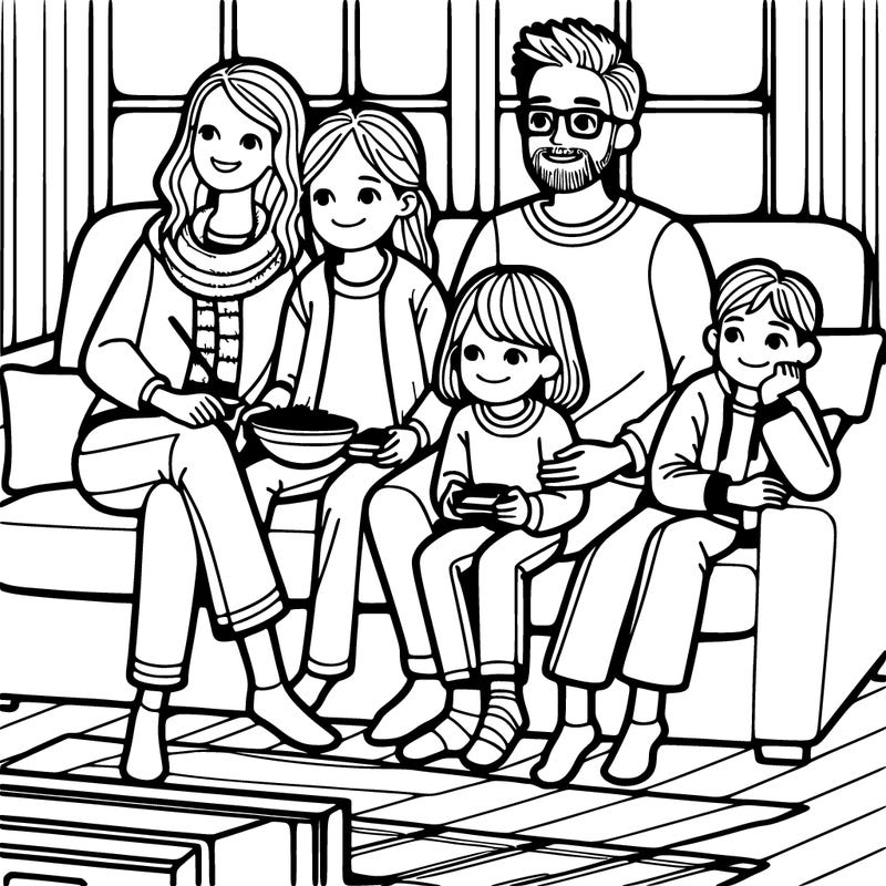 mom,dad,sister,and brother,hanging out at a comfy couch watching a movie