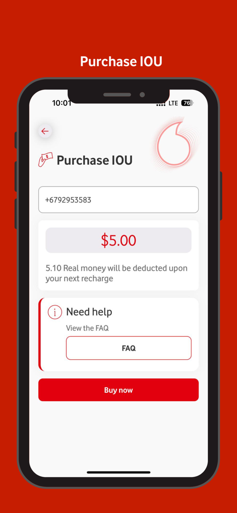 My Vodafone Fiji - A mobile interface for the My Vodafone Fiji app showing a five dollar IOU purchase option with a Buy Now button and FAQ link.