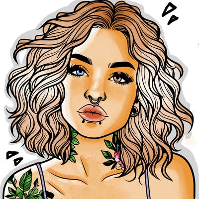 realistic woman with septum piercing and wavy hair and tattoos