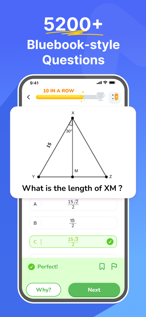 SAT Prep AlphaTest mobile app interface showing a geometry practice question and Bluebook style content