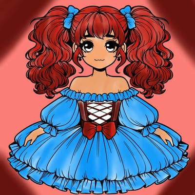 realistic girl in a big poofy dress with her hair up in high pigtails