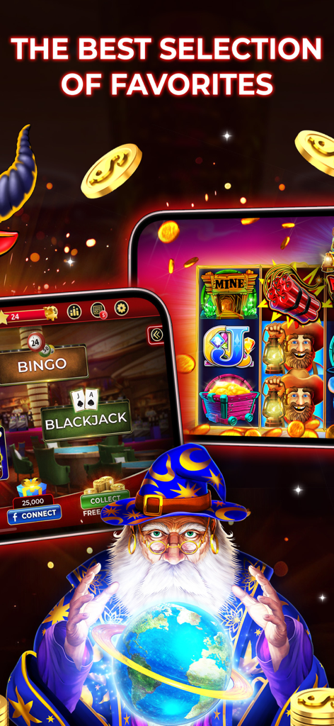 Best Bet: Slots Casino Games - Schermata promozionale dell'app Best Bet Casino che mostra una varietà di giochi tra cui slot, bingo e blackjack con un personaggio mago.