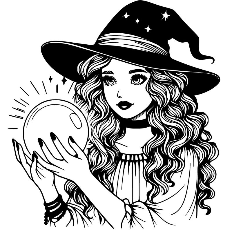 realistic girl with a witch hat and wavy hair on her head touching a orb