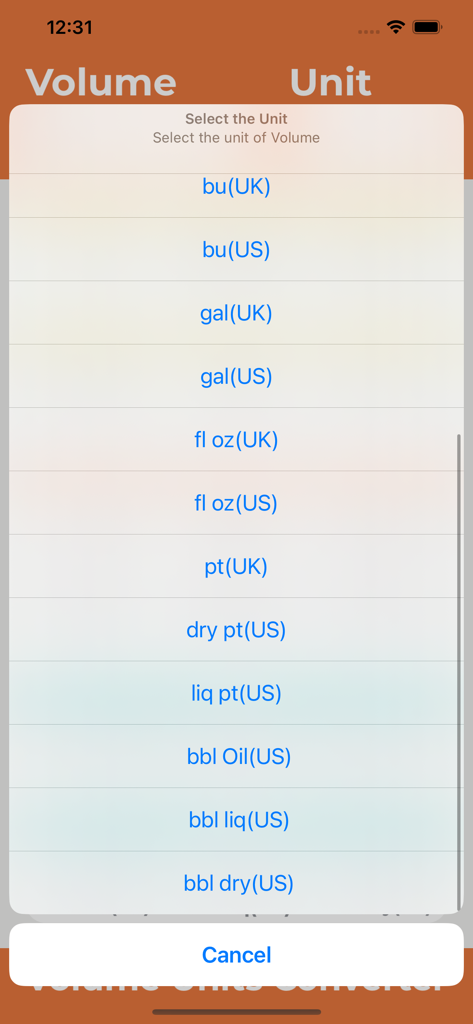 Menú de selección de unidades en la aplicación Convertidor de Unidades de Volumen que muestra una lista de opciones de medidas de EE. UU. y del Reino Unido