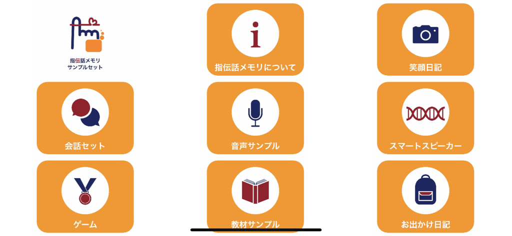 YM Player - Grid of orange communication buttons with icons for conversation voice samples and diaries in the YM Player AAC app