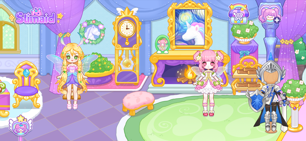 Slimaid Princess: Unicorn - Two fairy characters in a unicorn themed room with a fireplace and royal decor