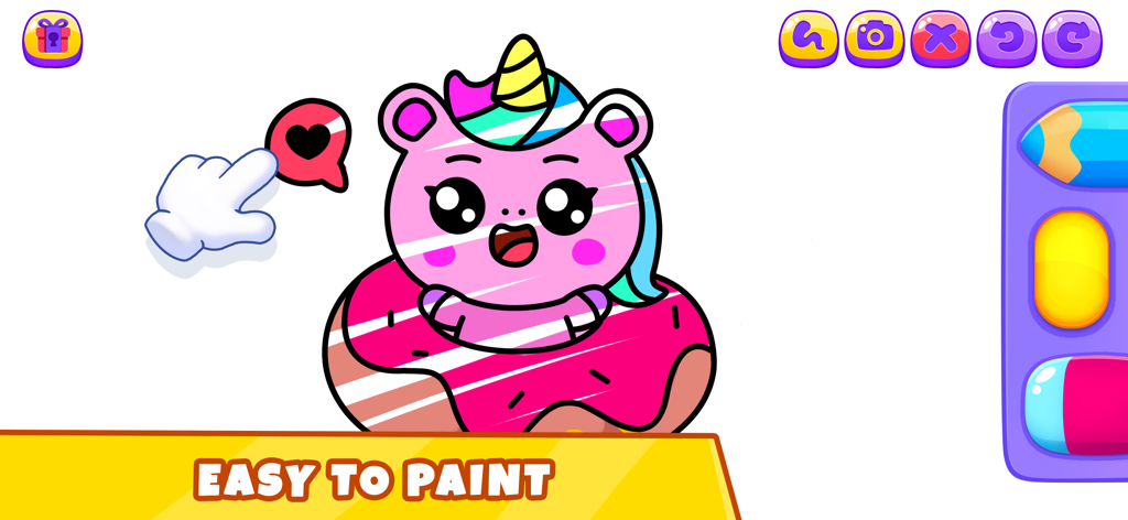 Colouring & Drawing for Girls - Un unicornio de dibujos animados rosa sentado dentro de un donut rosa en una pantalla para colorear con el texto fácil de pintar