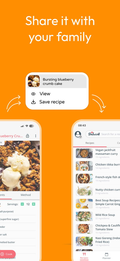Stashcook mobile app interface displaying a recipe sharing prompt and a curated list of saved recipes like soups and curries.