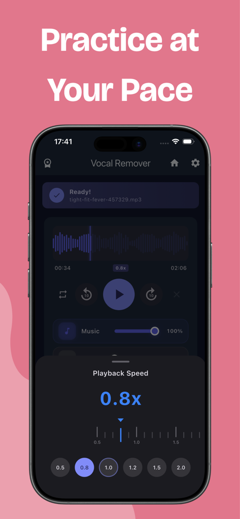 Vocal Remover - MusicSeparator - 音楽練習のために再生速度コントロールが0.8倍に設定されているVocal Removerアプリのインターフェイス
