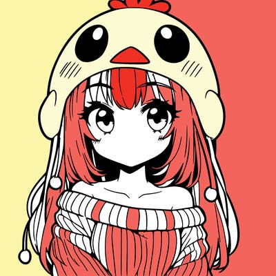anime girl with chick shaped hat with sweater with bare shoulders with bangs covering them one eye with low tail