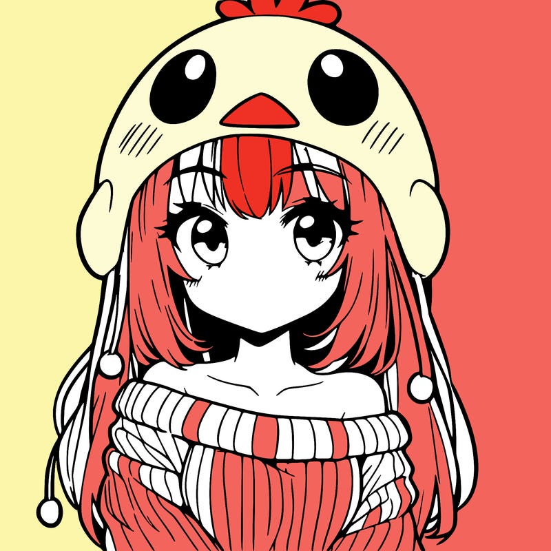 anime girl with chick shaped hat with sweater with bare shoulders with bangs covering them one eye with low tail
