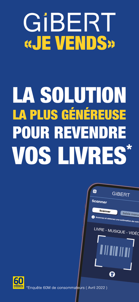 Gibert - Je Vends - Promotional screen for the Gibert Je Vends app showing a smartphone with a barcode scanner interface and text about reselling books.