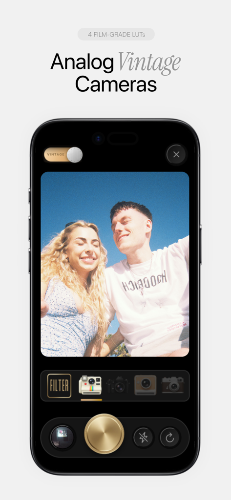 TripMemo | Travel Journal - TripMemo app screen displaying the analog vintage camera interface with film grade filters and a nostalgic photo of a couple