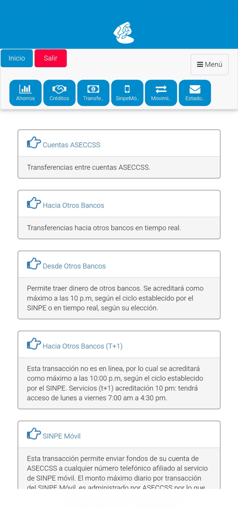 ASECCSS Móvil - The money transfer menu in the ASECCSS Móvil app showing options for bank and SINPE transfers.