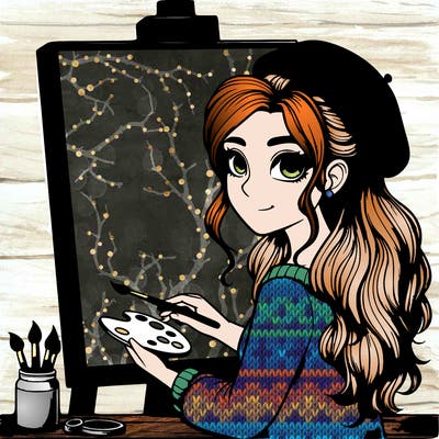 realistic girl artist painting a blank canvas