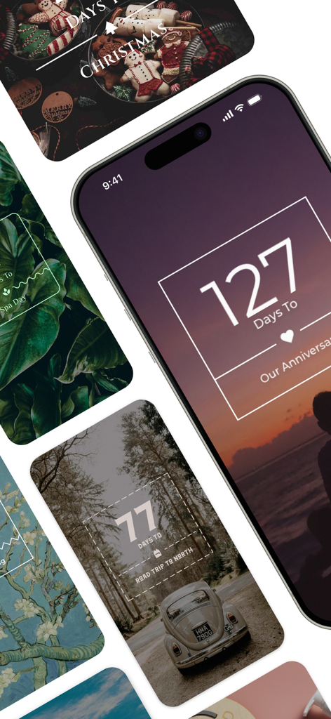Pantallas estéticas de cuenta atrás de eventos para aniversarios y viajes por carretera en la pantalla de un smartphone.