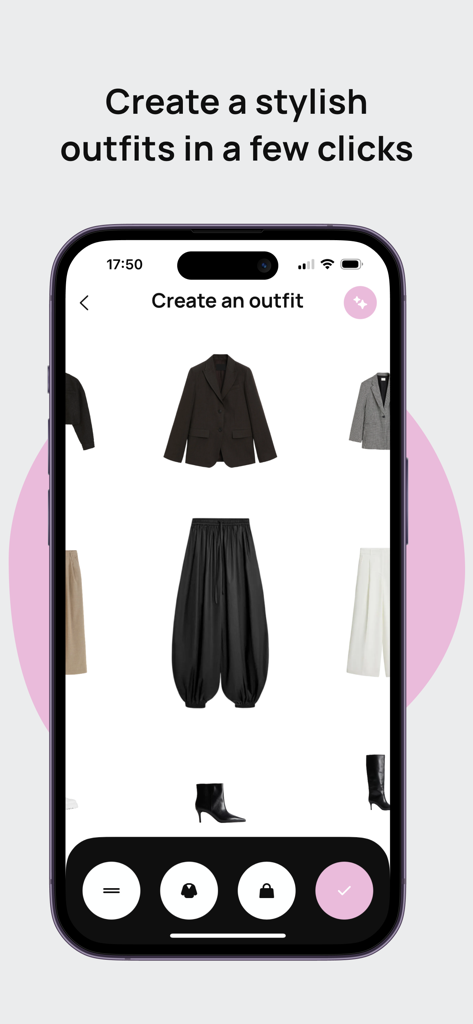Smart wardrobe by Outfitsy - Digital outfit creator interface in the Outfitsy app showing a blazer trousers and boots
