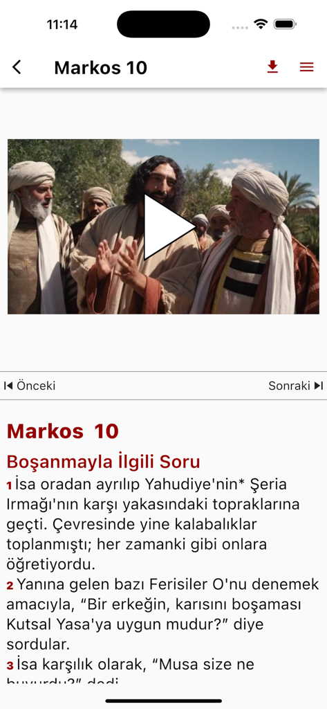 Interface of the Kutsalkitap app displaying Turkish scripture from Mark 10 with a video player