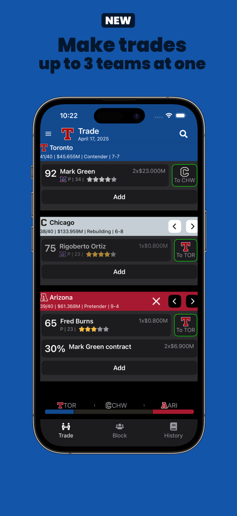 Baseball Legacy Manager 25 - Uma interface móvel para o Baseball Legacy Manager 25 mostrando uma troca estratégica de três times entre Toronto, Chicago e Arizona.