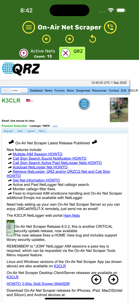 On-Air Net Scraper - On-Air Net Scraper app interface showing QRZ database integration and amateur radio callsign details