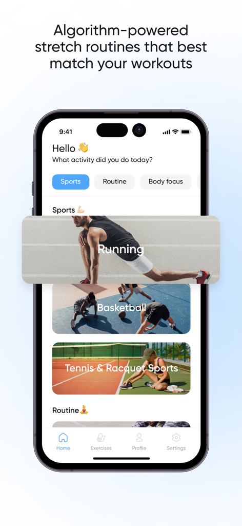 Stretch Zone and Flexibility - AZ Stretch mobile app screen displaying personalized stretching routines for sports like running and basketball.
