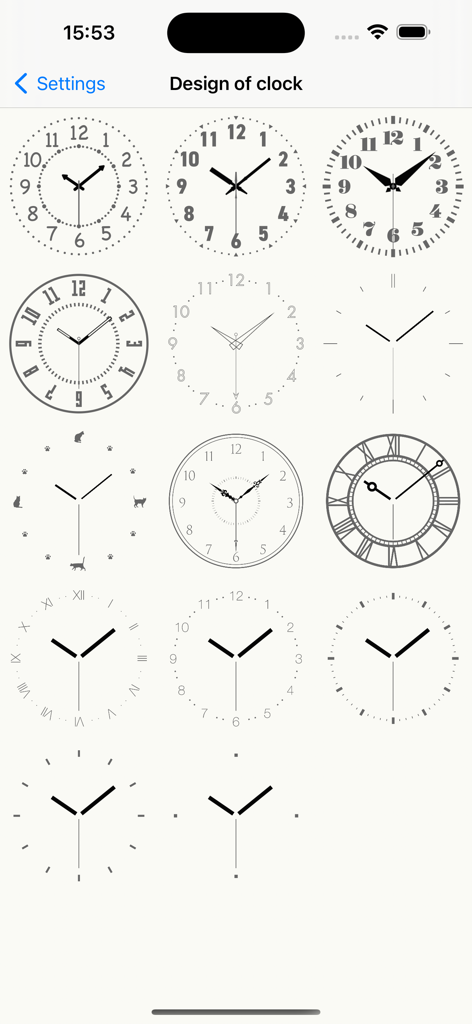 Una variedad de estilos y diseños de esferas de reloj analógicas disponibles para personalización en la aplicación