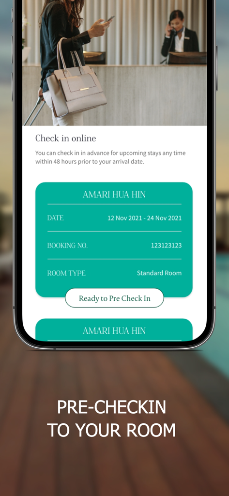 ONYX Rewards - Smartphone screen showing the online pre-checkin feature for the ONYX Rewards hotel app