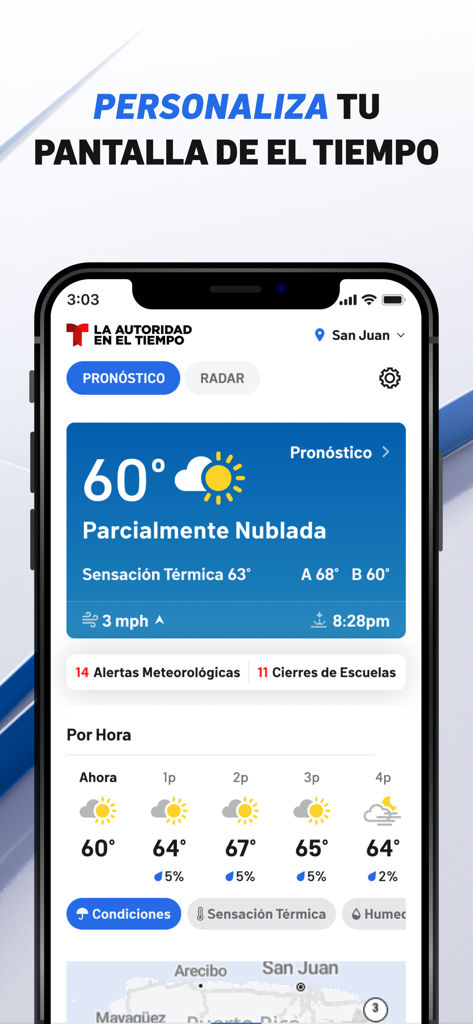 Interfaz de la app Telemundo Puerto Rico mostrando un pronóstico del tiempo personalizado para San Juan.