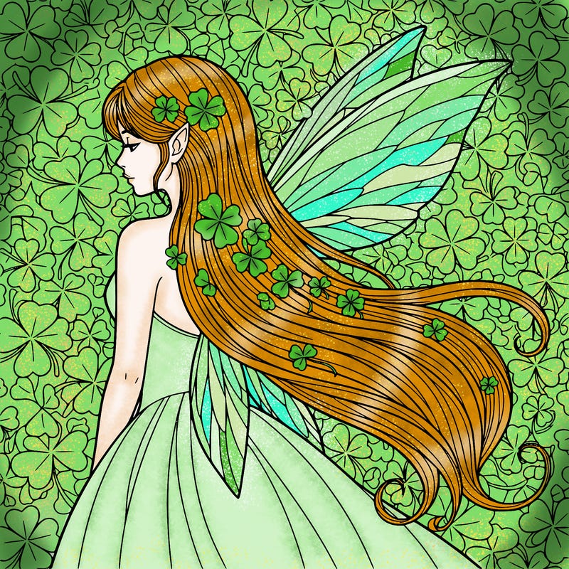 a female fairy with very long hair pointy ears and clovers in the background