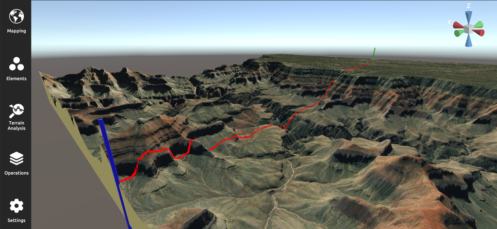 3D Mappa - GIS & Topo Analysis - Un'interfaccia professionale di analisi e mappatura del terreno 3D che mostra un paesaggio di canyon accidentato con un percorso rosso