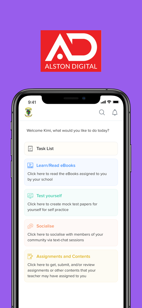 Alston Digital - O painel do aplicativo móvel Alston Digital mostrando várias opções de aprendizado educacional