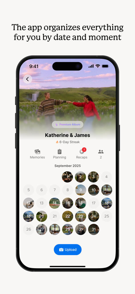 Interface of Dots Memories app showing a calendar view with photo thumbnails organized by date