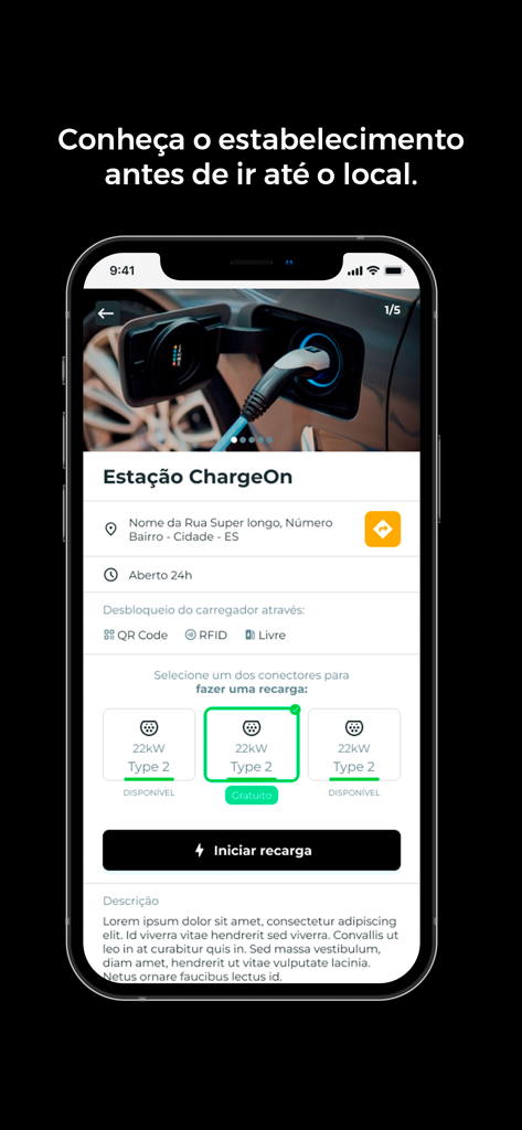 ChargeOn - ChargeOn mobile app screen displaying electric vehicle charging station details and connector selection