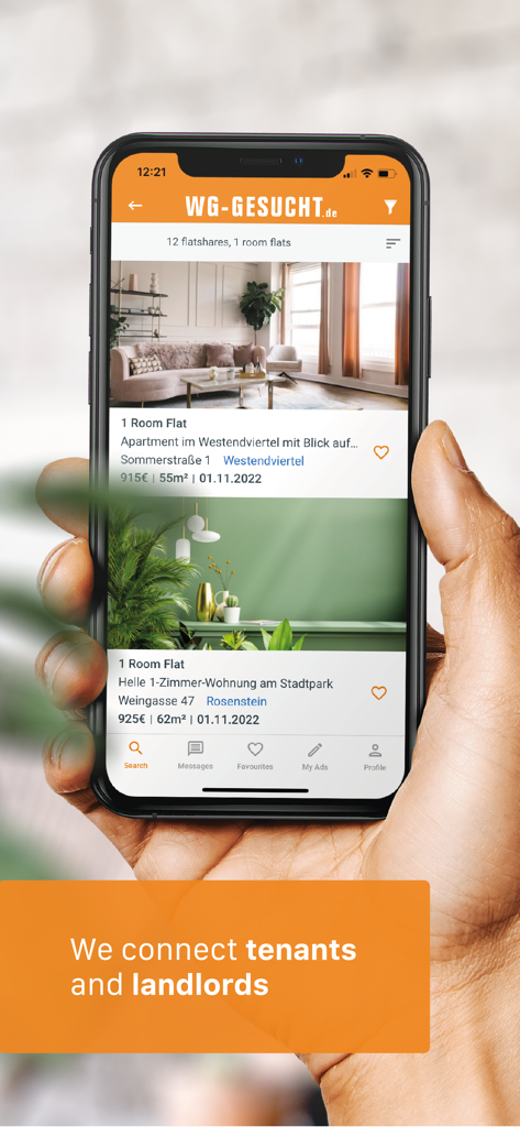 WG-Gesucht - Flats & Rooms - Smartphone displaying the WG-Gesucht app with shared flats and room rental listings.